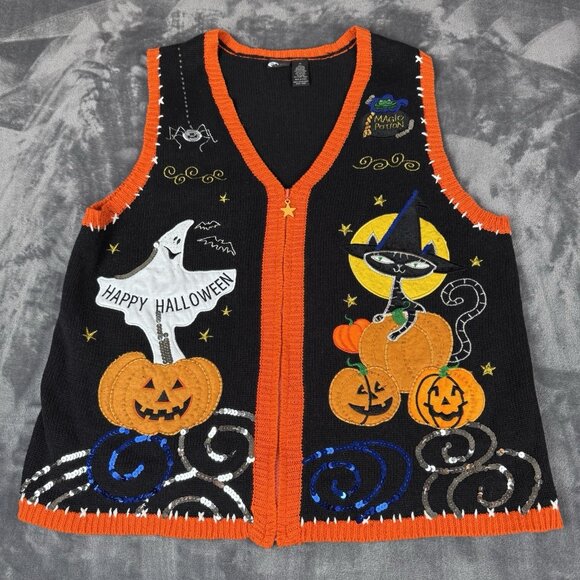 Holiday Editions Sweaters - Vintage Holiday Editions Halloween Sweater Vest sz 1X Pumpkin Ghost Embroidered